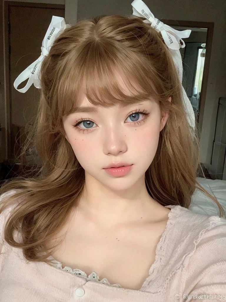 blonde with brown eyes and pink mouth