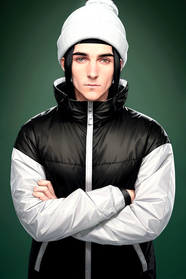 a white man with black hair, combed backwards, wearing a black beanie, with a chin full of long black hair, dressed in a waterproof jacket, looking straight at the camera, ID photo, with a green background in the background, man attractive looking forward with arms crossed, document photo
