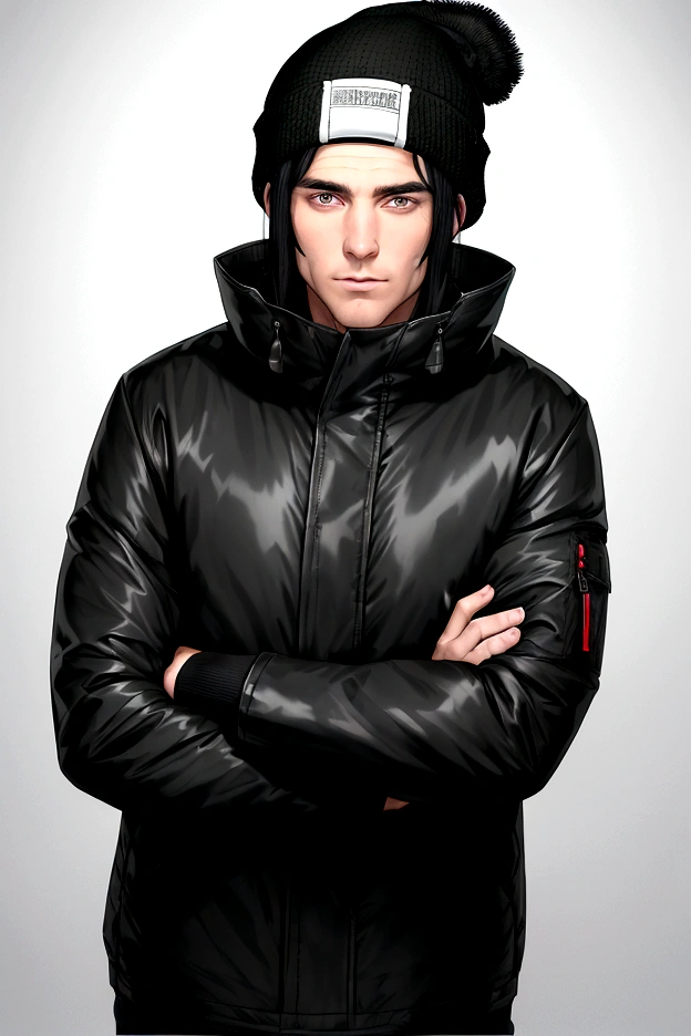 a white man with black hair, combed backwards, wearing a black beanie, with a chin full of long black hair, dressed in a waterproof jacket, looking straight at the camera, ID photo, with a green background in the background, man attractive looking forward with arms crossed, document photo