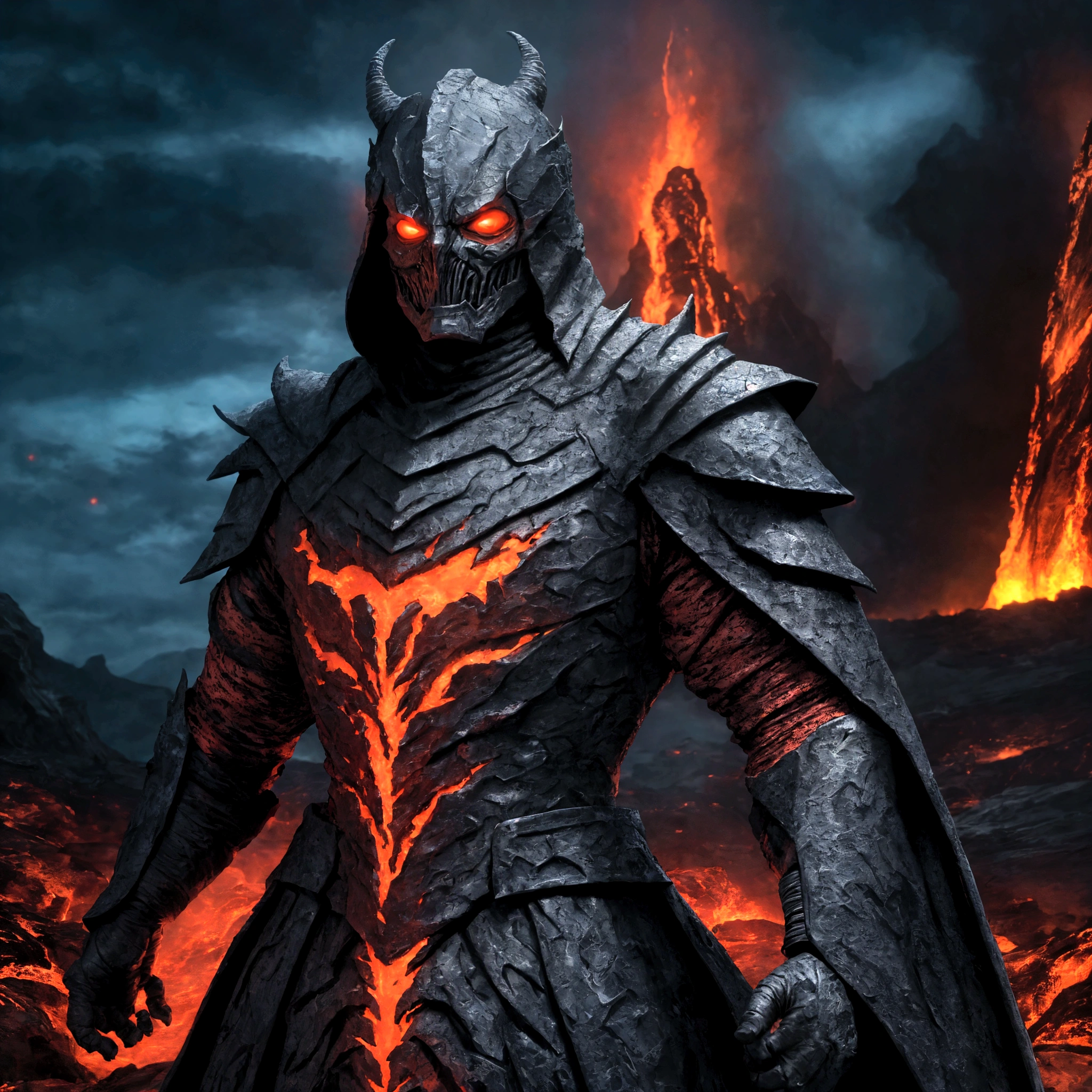 (extremely detailed 8k wallpaper), a medium shot photo of Grim dressed as a scary masked lava-supervillain in a glowing lava armour from marvel, theme, intricate, high detail, dramatic, scary building in the background