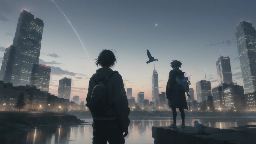 真っ暗なnight空,Octane, star (null), scenery, Blue parakeet,The acoustic guitar is in front of the body.,star, night, A girl and a boy standing back to back, Back view, alone, Outdoor, city,river,Blue parakeet,building, cloud, 天のriver,silhouette