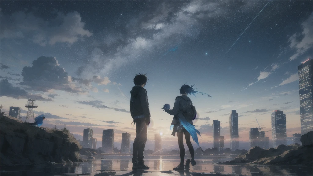 真っ暗なnight空,Octane, star (null), scenery, Blue parakeet,The acoustic guitar is in front of the body.,star, night, A girl and a boy standing back to back, Back view, alone, Outdoor, city,river,Blue parakeet,building, cloud, 天のriver,silhouette