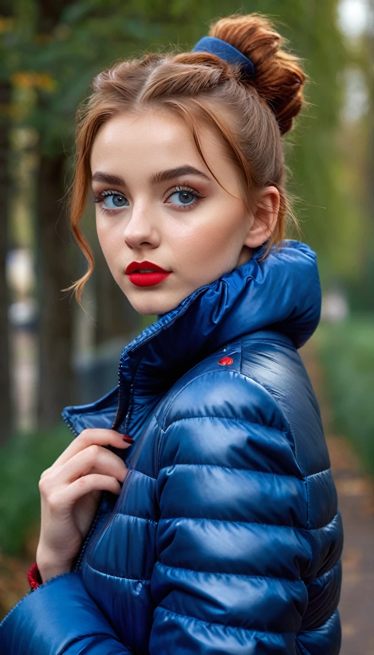 ultrarealistic high quality fullbody photo of a beautiful slim european teen girl with cute hyperdetailed shy face and natural redhead short messy bun and mischievous face, realistic round hazel eyes, red lips, dark eye makeup with eyeliner, wearing shiny blue puffer jacket and faux leather leggins, hourglass body, outdoor shooting