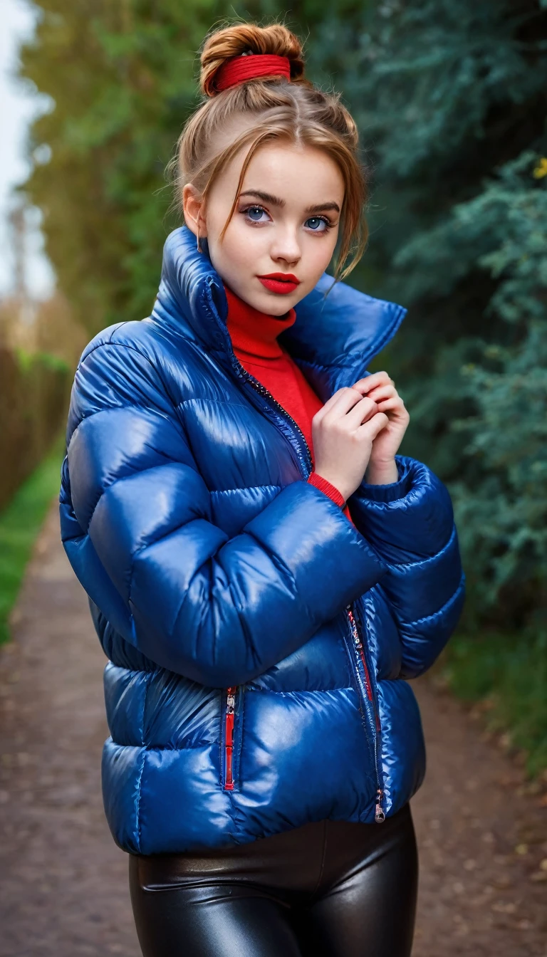 ultrarealistic high quality fullbody photo of a beautiful slim european  girl with cute hyperdetailed shy face and natural redhead short messy bun and mischievous face, realistic round hazel eyes, red lips, dark eye makeup with eyeliner, wearing shiny blue puffer jacket and faux leather leggins, hourglass body, outdoor shooting