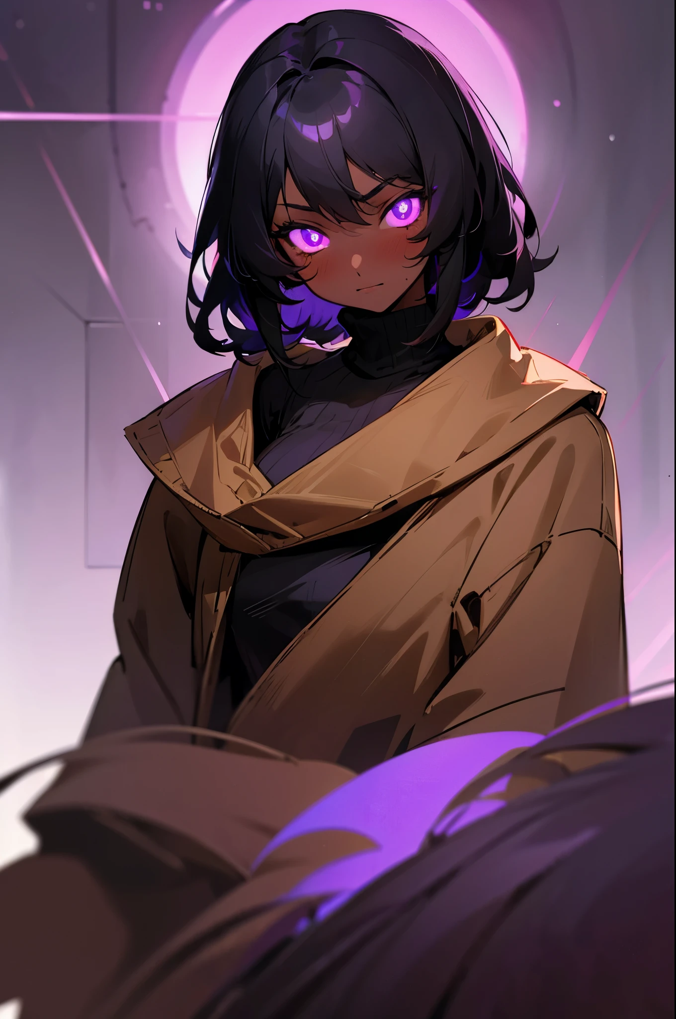 1girl, dark skin, dark-skinned female, black hair, sketch, blushing, indoors, sweater purple eyes, glowing luminous eyes, brown jacket, upper body
