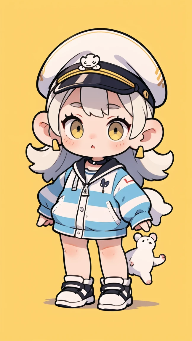 Simple details,Little,whole body, character,Girl Polar Bear,Marine striped clothing,Marine Cap,yellow neckband,Background yellow