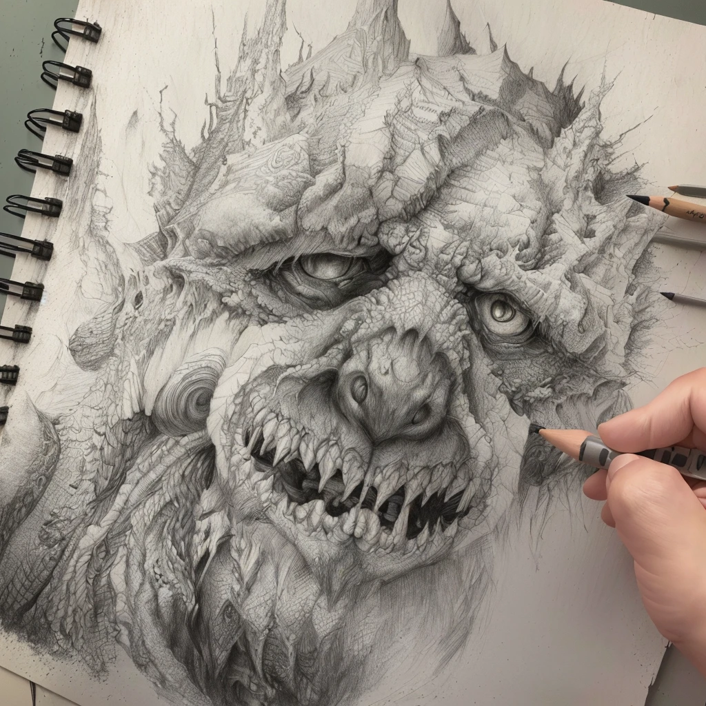 someone is drawing a monster with a pencil, 4k. detailed drawing, detailed drawing en 4k, Very detailed drawing, extremely detailed art, high detailed drawing, horror!! Very detailed, overwhelming depth and detail, boceto a detailed pencil, detailed drawing, detailed pencil, a detailed drawing, detailed but rough, Hyperrealistic sketch, detailed drawing, Detailed charcoal sketch