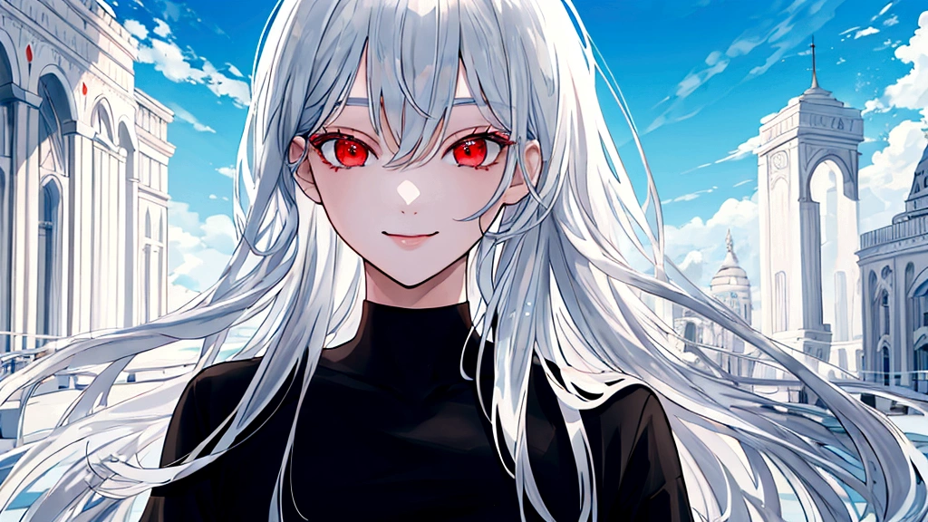 (masterpiece, Highest quality:1.2), (Ultra detailed face), (Very beautiful face), whole body, alone, Tall Boy, be patient, Male Focus, One boy, smile, View your viewers, Gray Hair, Red eyes, Clear eyes, Beautiful Eyes, Beautiful attention to detail, Long eyelashes, Black T-shirt, Short sleeve, Black trousers, Beautiful blue sky, Summer sky, Dynamic Angle Information