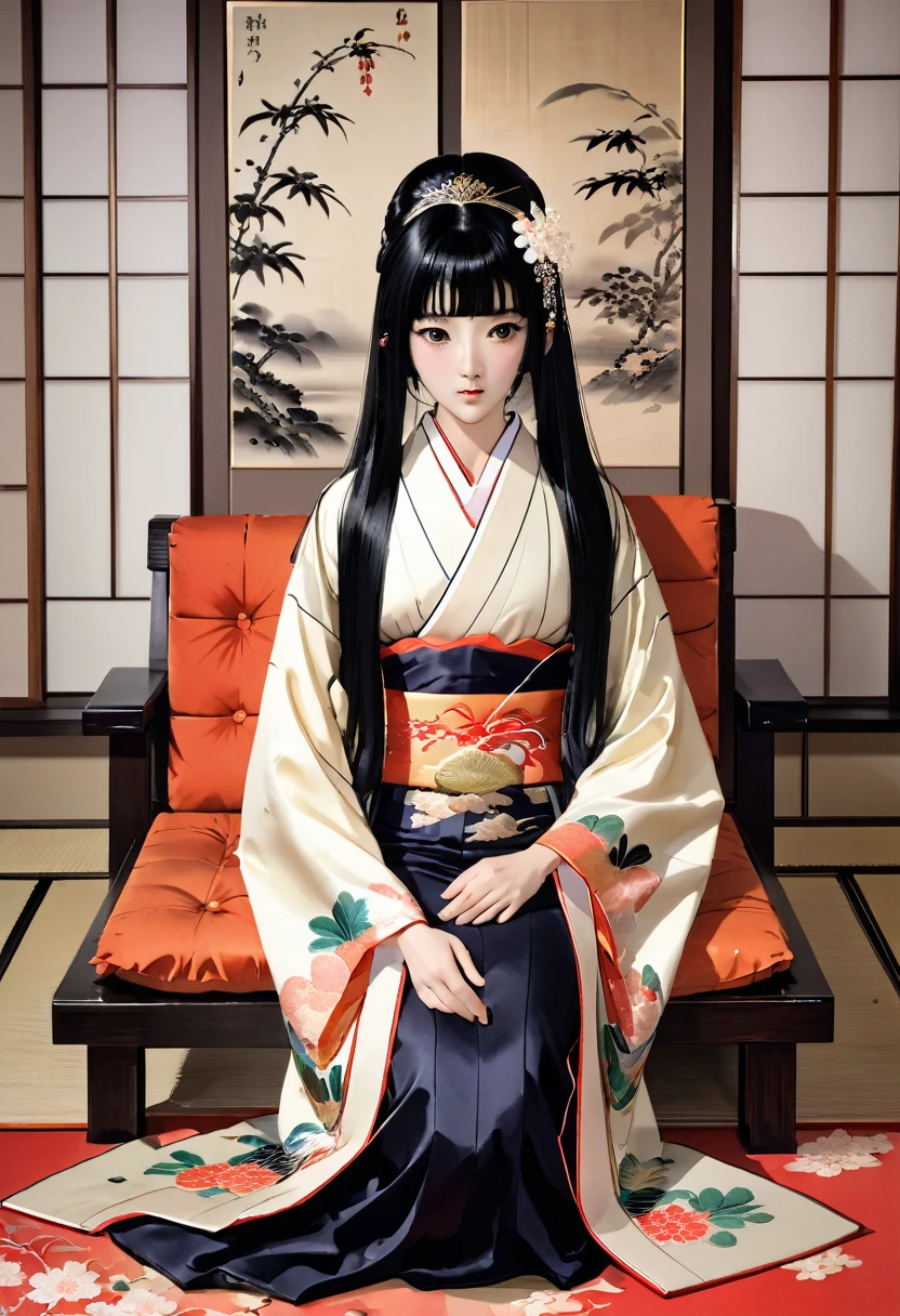 8K Historical drama style Beautiful slender Japanese child princess with long black hair Gorgeous embroidery, Ultra glossy, She is wearing a shiny Heian period princess kimono. She exposes her nipples and squeezes out breast milk on the futon