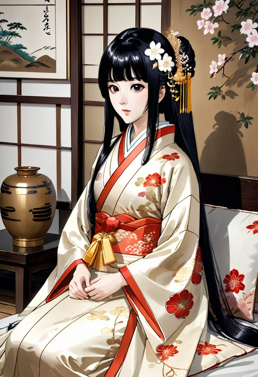 8K Historical drama style Beautiful slender Japanese child princess with long black hair Gorgeous embroidery, Ultra glossy, She is wearing a shiny Heian period princess kimono. She exposes her nipples and squeezes out breast milk on the futon