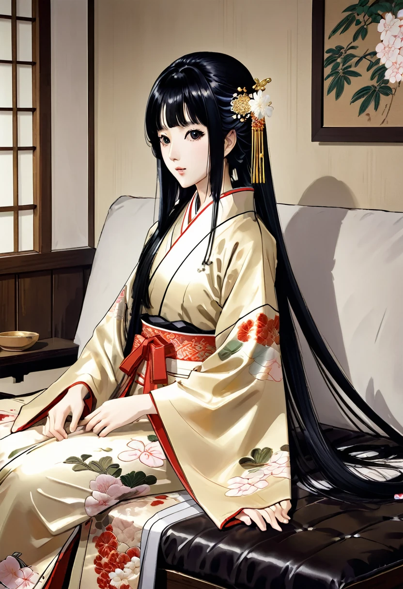 8K　Historical drama style　Beautiful slender Japanese child princess with long black hair　Gorgeous embroidery, Ultra glossy, She is wearing a shiny Heian period princess kimono.　She exposes her nipples and squeezes out breast milk on the futon