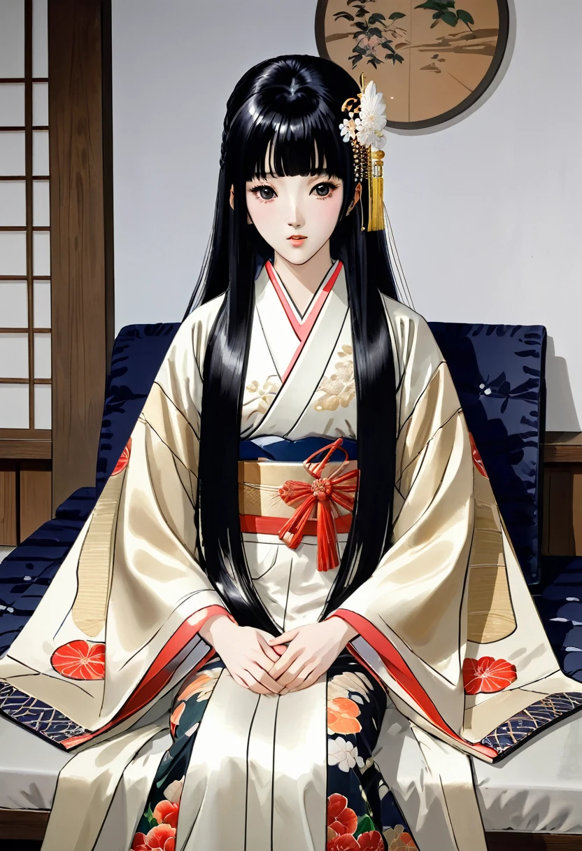 8K　Historical drama style　Beautiful slender Japanese child princess with long black hair　Gorgeous embroidery, Ultra glossy, She is wearing a shiny Heian period princess kimono.　She exposes her nipples and squeezes out breast milk on the futon