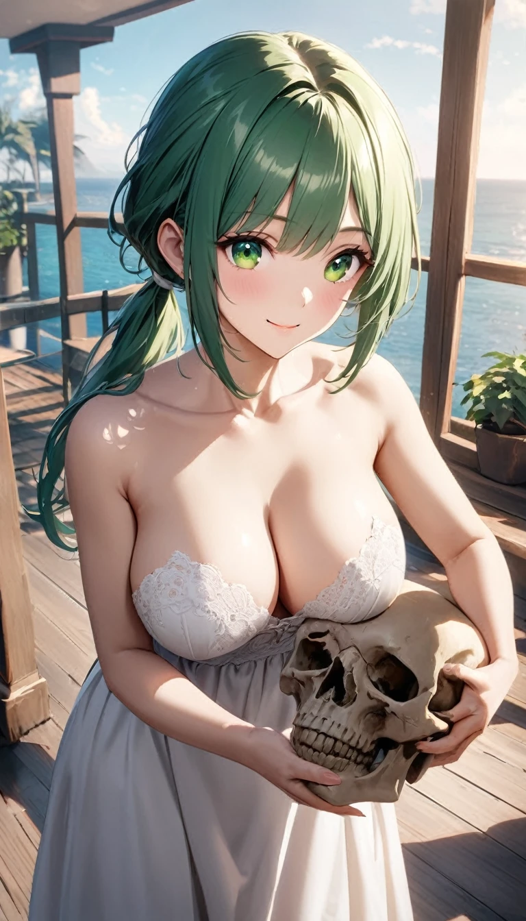 volumetric lighting, lifelike 16k CG, extremely high resolution keyvisual, insanely detailed, charming and cute girl, clear face, green hair, parted bangs, short low ponytail, green eyes, big breasts, perfect figure, BREAK, standing, hugging a skull, gently cup the skull jaw with hands, smile, strapless white lace bra, white lace panties, blue sky, ocean view terrace, morning glory way,