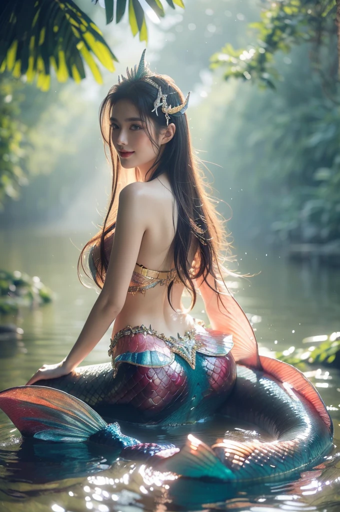 A radiant woman with a charming smile and sparkling eyes is posing as a sexy mermaid in a full body shot. She's wearing a shimmering mermaid tail and bikini top, surrounded by a beautiful underwater setting. It's a daytime scene with a mystical, enchanting mood. The lighting is soft and magical, creating a dreamy atmosphere. (solo), (look back pose: 1.5), (mermaid outfit: 1.5), (perfect anatomy: 1.3), (daytime: 1.3), (mystical enchanting mood: 1.5), (soft magical lighting: 1.4), (fantasy style: 1.3), (vivid colors: 1.2), (cinematic composition: 1.3), (professional photography: 1.4), (high detail: 1.5), (NSFW: 1.3).