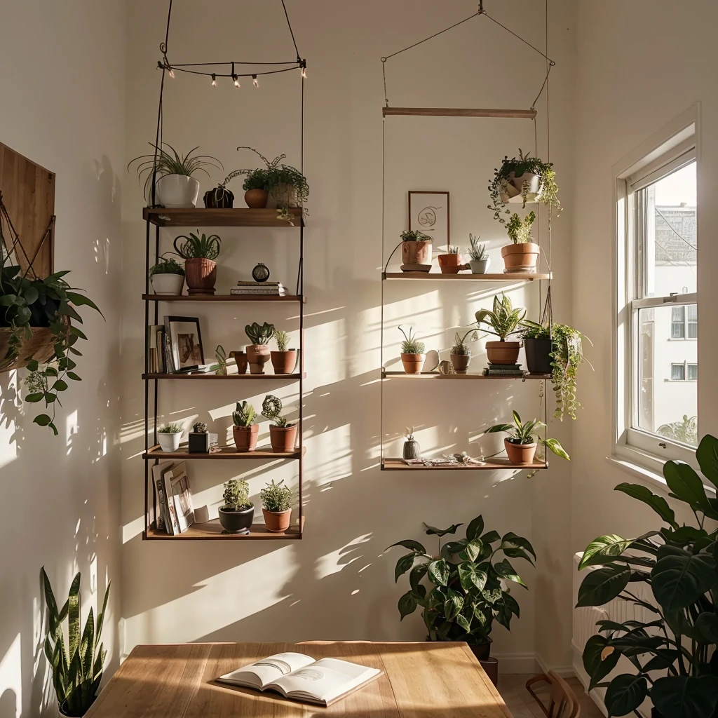 youtube studio modern, background for a digital creator. that has a beautiful artwork, a hanging light suspended plants and a floating book shelf with beautiful accessories warm light and soft low lighting warm and soft light low lighting NIGHT