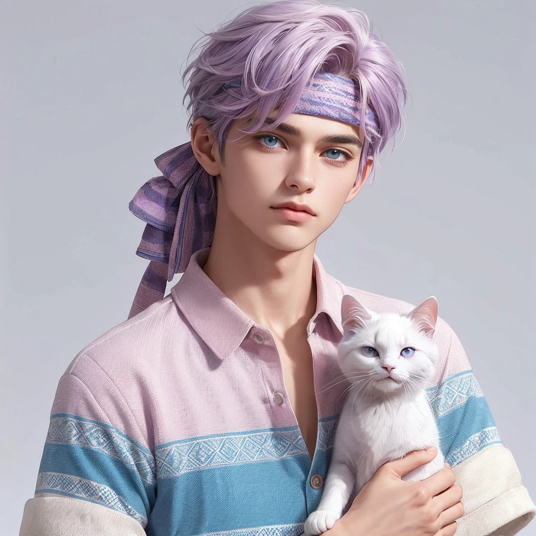 Handsome boy, purple hair, gray eyes, purple and pink headdress, pink and blue polo, white cat