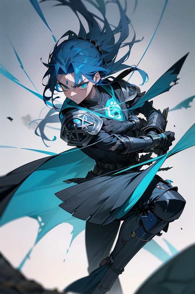 an anime man 1.80 tall (long silver hair) with (green eyes) with (a scar on his forehead in x) and (several runes on his body with a blue color but the most striking is one that resembles a dragon in its back) (a black tail clothes (he wears a torn cloak and a chest piece together and shoulder pads made of old plates with a symbol of two dragons) your weapon (it's a bow made of black steel with blue runes that attach to a blue stone in the middle of the bow)