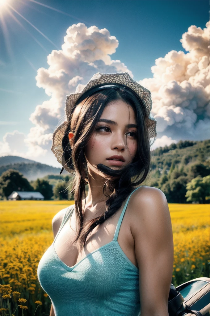 (realistic:1.3), finely detailed, quality, lighting rembrandt, (masterpiece:1.2), (photorealistic:1.2), (best quality), (detailed skin:1.3), (intricate details), dramatic, ray tracing, white brazilian girl, black hair, 21 years old, medium breasts, (Meadow, Sun, Clouds, Field, Agriculture, Starlight, Hiking Trail)