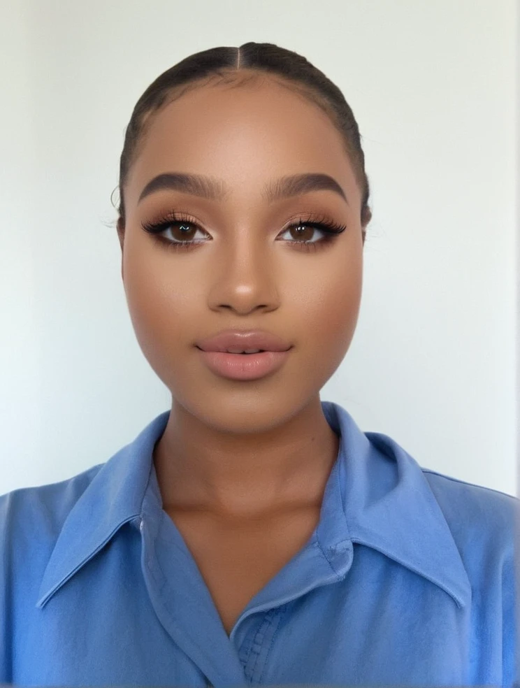 beautiful african mixed, 23 year_old, Fit_Figure,tall_height, with Long_brown_ curly hair, light brown_skin, oversized tee-shirt,blue_oversize_jeans, holding a White tote bag with chrom drawing on,almond eyes, cherry lips,wearing futurist makeup like ariana grande,beautiful natural features