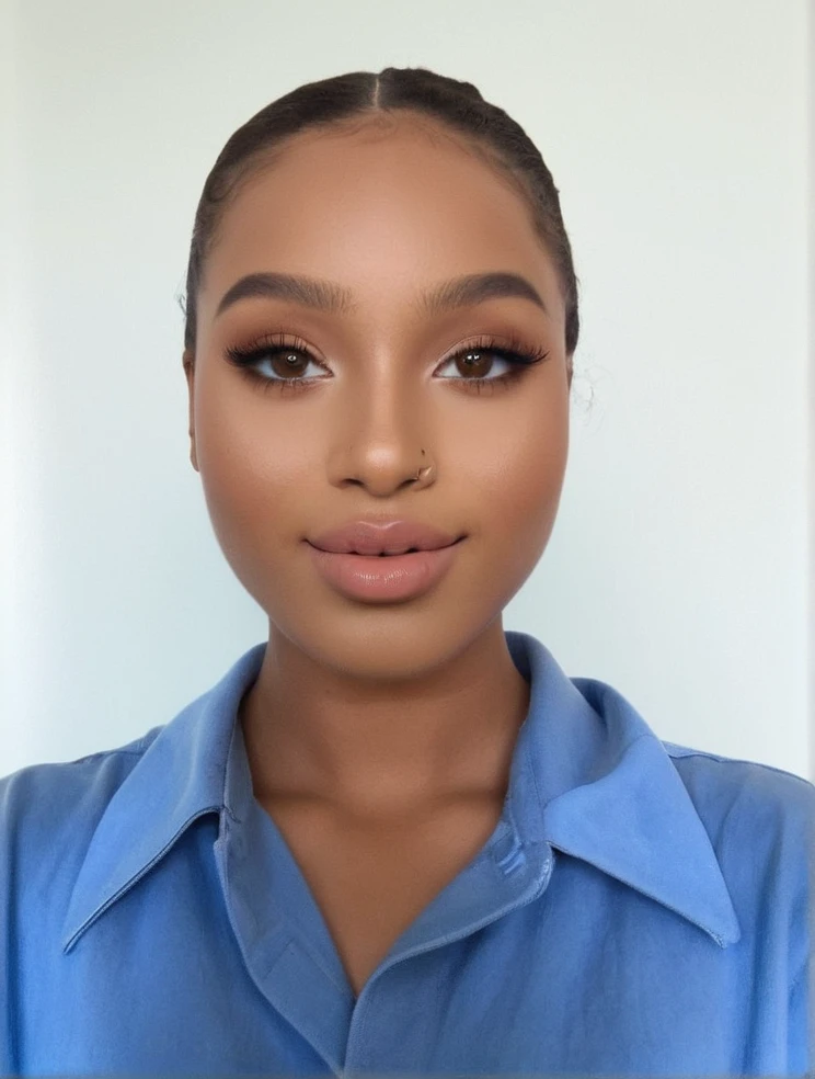 beautiful african mixed, 23 year_old, Fit_Figure,tall_height, with Long_brown_ curly hair, light brown_skin, oversized tee-shirt,blue_oversize_jeans, holding a White tote bag with chrom drawing on,almond eyes, cherry lips,wearing futurist makeup like ariana grande,beautiful natural features