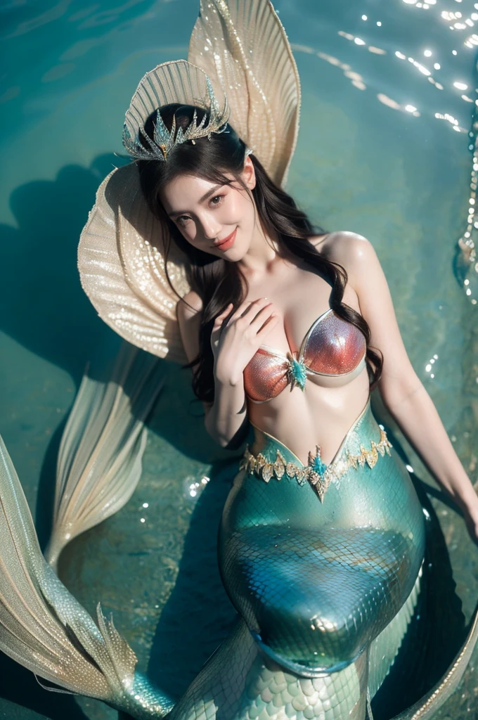 A radiant woman with a charming smile and sparkling eyes is posing as a sexy mermaid in a full body shot. She's wearing a shimmering mermaid tail and bikini top, surrounded by a beautiful underwater setting. It's a daytime scene with a mystical, enchanting mood. The lighting is soft and magical, creating a dreamy atmosphere. (solo), (top view shot: 1.6), (mermaid pose: 1.4), (mermaid outfit: 1.5), (perfect anatomy: 1.3), (daytime: 1.3), (mystical enchanting mood: 1.5), (soft magical lighting: 1.4), (fantasy style: 1.3), (vivid colors: 1.2), (cinematic composition: 1.3), (professional photography: 1.4), (high detail: 1.5).