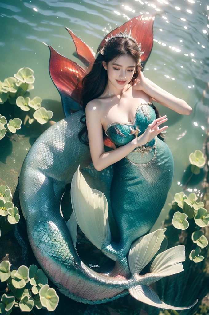 A radiant woman with a charming smile and sparkling eyes is posing as a sexy mermaid in a full body shot. She's wearing a shimmering mermaid tail and bikini top, surrounded by a beautiful underwater setting. It's a daytime scene with a mystical, enchanting mood. The lighting is soft and magical, creating a dreamy atmosphere. (solo), (top view shot: 1.6), (mermaid pose: 1.4), (mermaid outfit: 1.5), (perfect anatomy: 1.3), (daytime: 1.3), (mystical enchanting mood: 1.5), (soft magical lighting: 1.4), (fantasy style: 1.3), (vivid colors: 1.2), (cinematic composition: 1.3), (professional photography: 1.4), (high detail: 1.5).