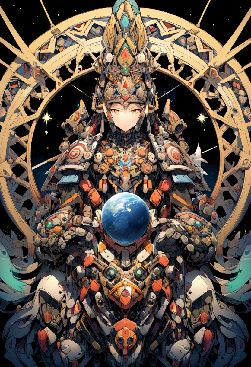 poster, ((woman, statue, text, logos, globe with grid))