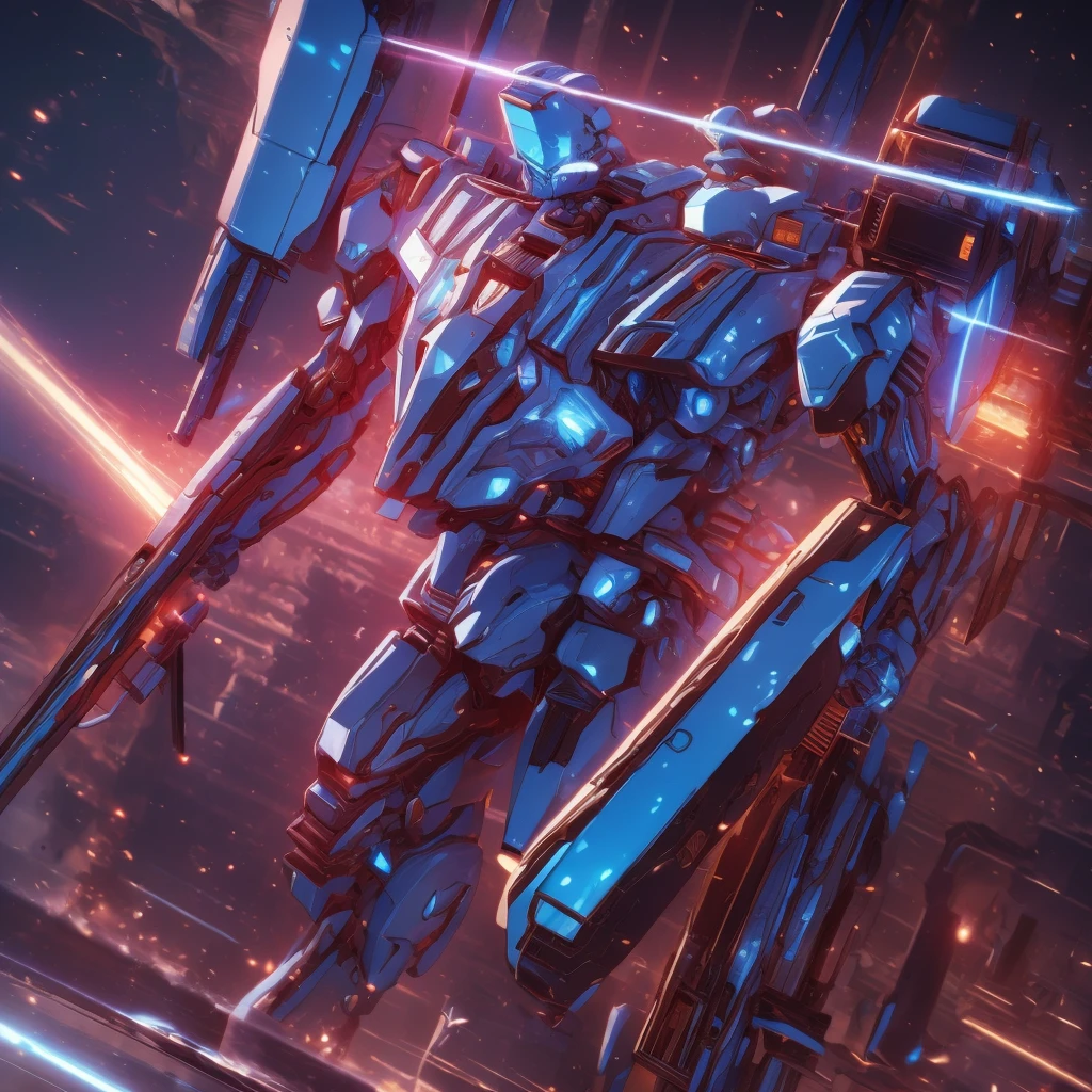 Obra de arte, melhor qualidade:1.7)Mech branco e azul com detalhes dourados, médio, segurando uma sniper azul grande. Extremely detaild, 4K UHD, HDR, naturallight, cinematic lighting, masterpiece-anatomy-perfect, ultra HD, Space Combat, Battlefield, RAW photo, metallic, ultra-fine painting, perfect body proportions, anatomically correct, real texture material, Anti-Aliasing, TXAA, SSAO, Post Processing, Post Production, Tone Mapping, CGI, VFX, SFX, Hyper maximalist, ultra photorealultra-detailed intricate details.