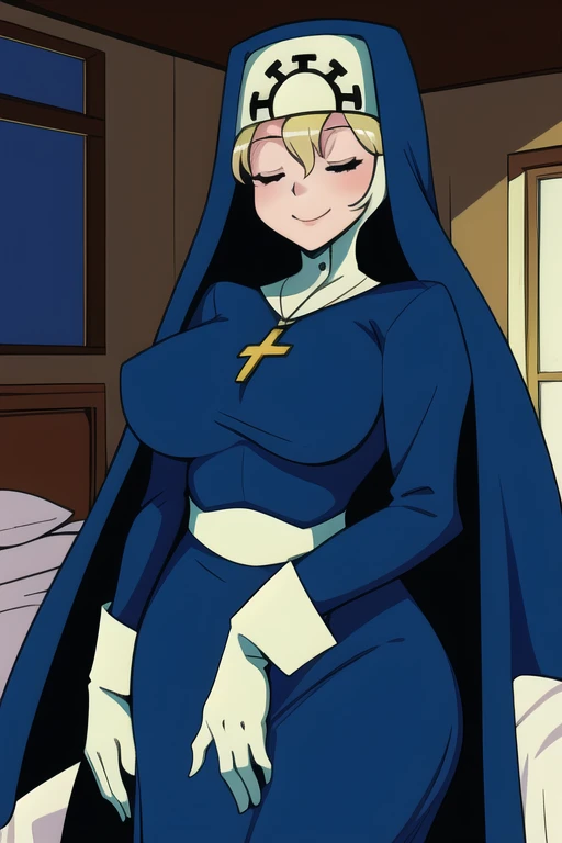 Double, short blonde hair, medium breasts, solo, 1girl, smiling, cowboy shot, closed eyes,
blue habit, cross necklace ,white gloves, long sleeves, nun, long skirt, room, bedroom, sexy pose, cape, cloak,