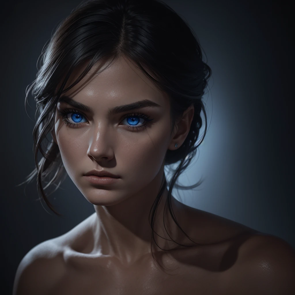 1 woman, striking facial features, deep expressive blue eyes, prominent cheekbones, strong eyebrows, dramatic lighting, chiaroscuro lighting, blurred background, ultra-realistic, 8k, realistic and artistic style, soft skin, intense and captivating mood