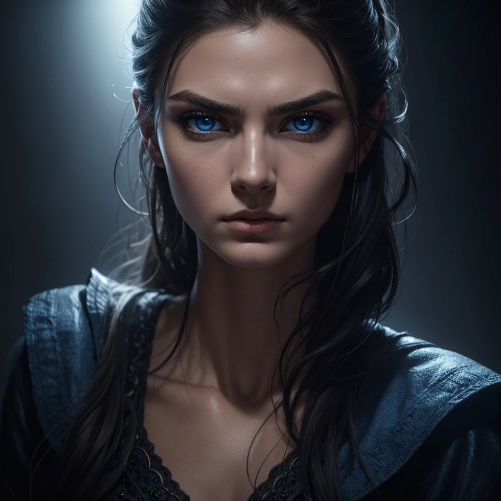 1 woman, striking facial features, deep expressive blue eyes, prominent cheekbones, strong eyebrows, dramatic lighting, chiaroscuro lighting, blurred background, ultra-realistic, 8k, realistic and artistic style, soft skin, intense and captivating mood