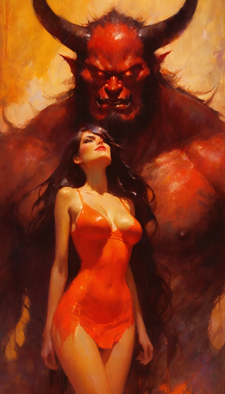 The sexy girl loves the giant demon, (art inspired in Bill Sienkiewicz). oil painting)