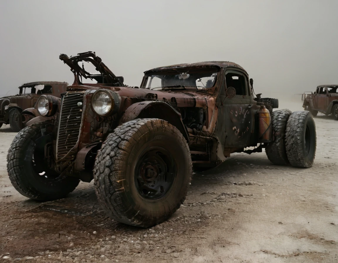 a powerful off-roader, post-apocalyptic, mad max style, weathered and dystopian, desert landscape, dramatic lighting, vibrant colors, gritty and rugged, heavily modified vehicle, massive wheels, spikes and armor plating, menacing presence, cinematic composition, ultra-detailed, 8k, photorealistic, dramatic angles, chiaroscuro lighting, volumetric fog, dust and grime effects, worn and battle-damaged, ominous atmosphere, cinematic depth of field, dramatic color grading, intense shadows and highlights, car old Bentley,