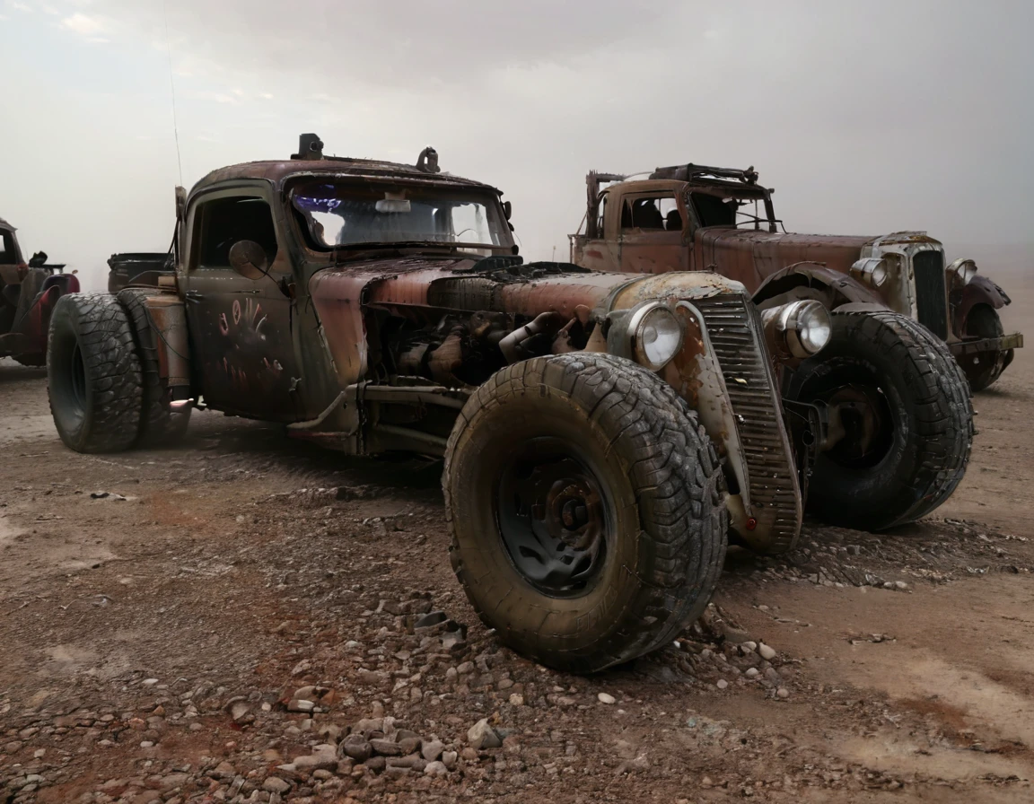 a powerful off-roader, post-apocalyptic, mad max style, weathered and dystopian, desert landscape, dramatic lighting, vibrant colors, gritty and rugged, heavily modified vehicle, massive wheels, spikes and armor plating, menacing presence, cinematic composition, ultra-detailed, 8k, photorealistic, dramatic angles, chiaroscuro lighting, volumetric fog, dust and grime effects, worn and battle-damaged, ominous atmosphere, cinematic depth of field, dramatic color grading, intense shadows and highlights, car old Bentley,