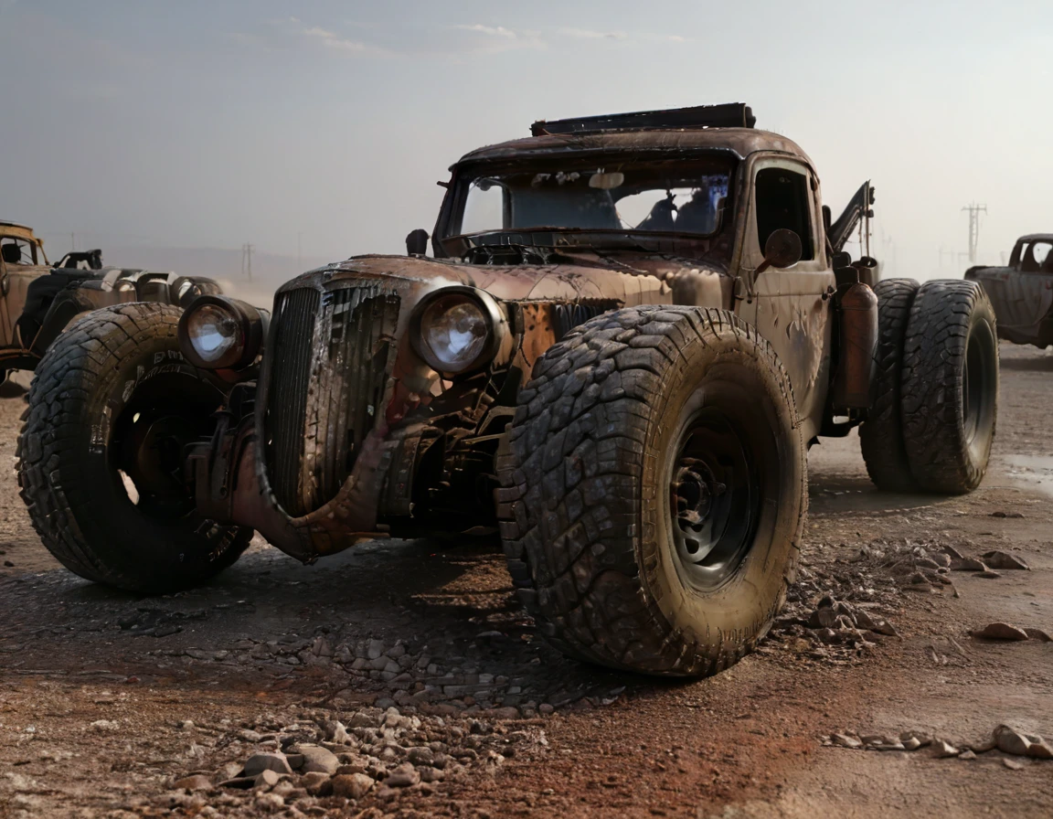 a powerful off-roader, post-apocalyptic, mad max style, weathered and dystopian, desert landscape, dramatic lighting, vibrant colors, gritty and rugged, heavily modified vehicle, massive wheels, spikes and armor plating, menacing presence, cinematic composition, ultra-detailed, 8k, photorealistic, dramatic angles, chiaroscuro lighting, volumetric fog, dust and grime effects, worn and battle-damaged, ominous atmosphere, cinematic depth of field, dramatic color grading, intense shadows and highlights, car old Bentley,