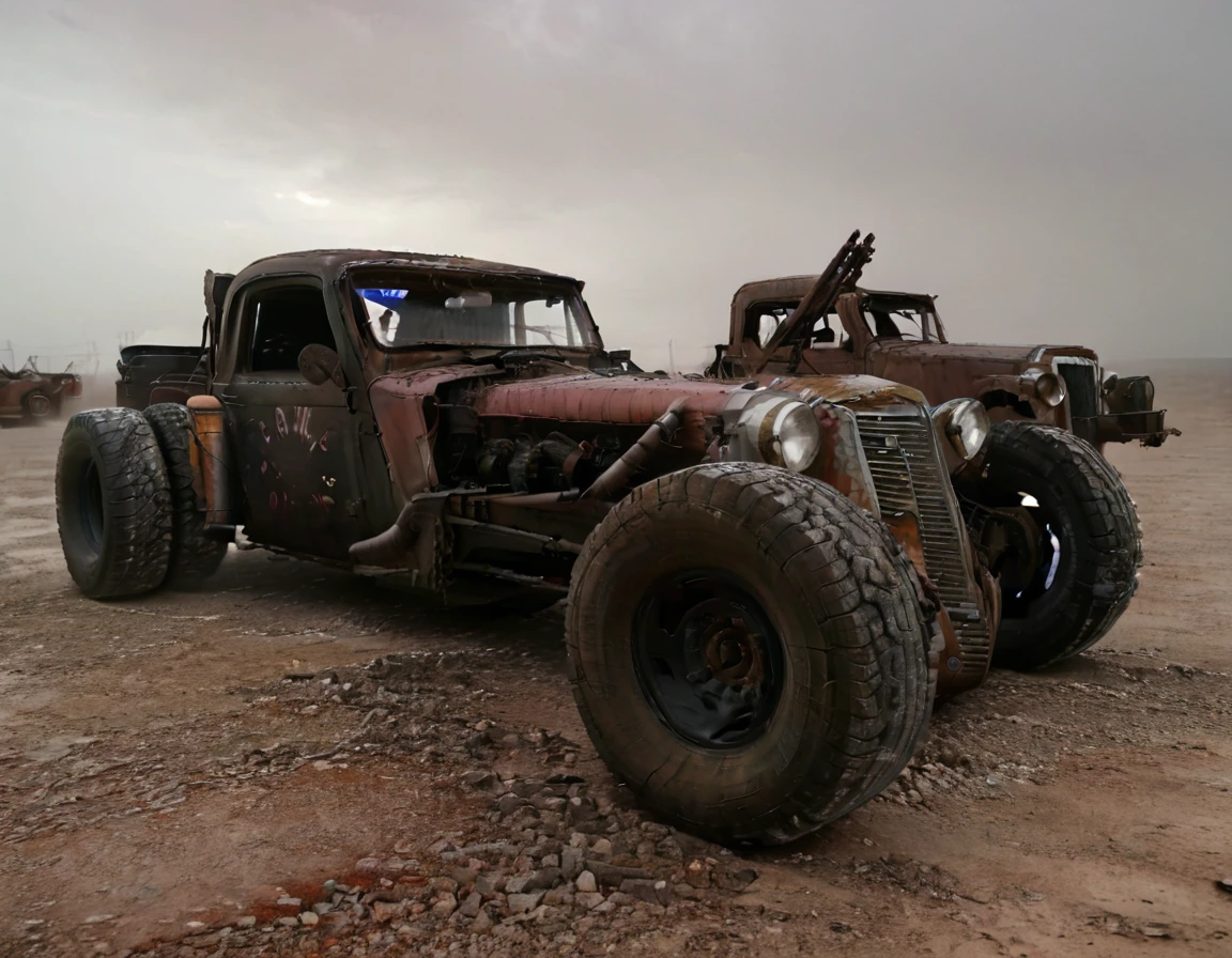 a powerful off-roader, post-apocalyptic, mad max style, weathered and dystopian, desert landscape, dramatic lighting, vibrant colors, gritty and rugged, heavily modified vehicle, massive wheels, spikes and armor plating, menacing presence, cinematic composition, ultra-detailed, 8k, photorealistic, dramatic angles, chiaroscuro lighting, volumetric fog, dust and grime effects, worn and battle-damaged, ominous atmosphere, cinematic depth of field, dramatic color grading, intense shadows and highlights, car old Bentley,