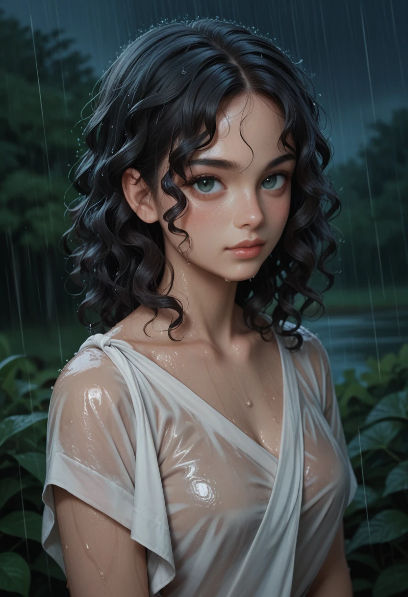 score_9, score_8_up, score_7_up,score_6_up, score_5_up,1girl, looking at the viewer, raining, night, black hair, curls hair, upper body, wet cloth,