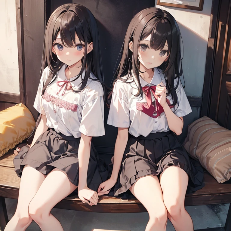 realistically, 2 girls, twin tails, 1 ponytail, brown eyes, glowing eyes, white short skirt, Blush, daytime, Wet from the rain, see through, sleeveless shirt, nipples, Knee hug, pussy, crotch, naked, armpit