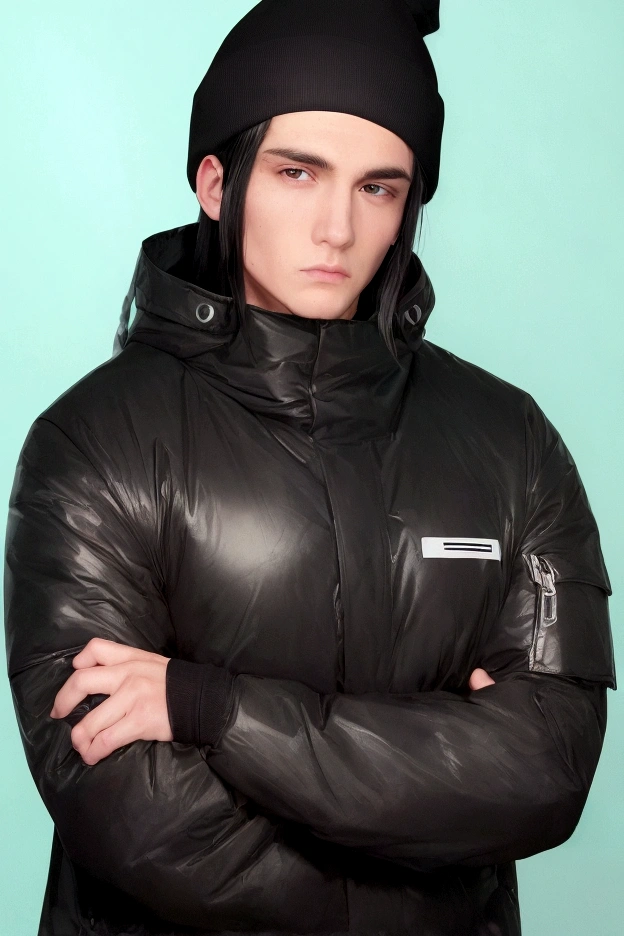 a white man with black hair, combed backwards, wearing a black beanie, with a chin full of long black hair, dressed in a waterproof jacket, looking straight at the camera, ID photo, with a green background in the background, man attractive looking forward with arms crossed, document photo
