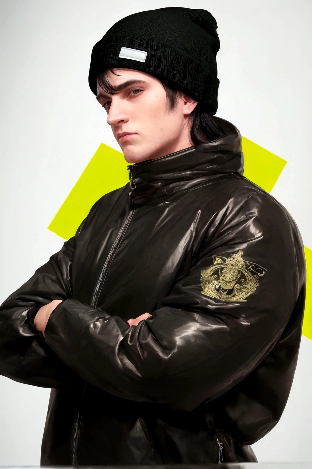 a white man with black hair, combed backwards, wearing a black beanie, with a chin full of long black hair, dressed in a waterproof jacket, looking straight at the camera, ID photo, with a green background in the background, man attractive looking forward with arms crossed, document photo
