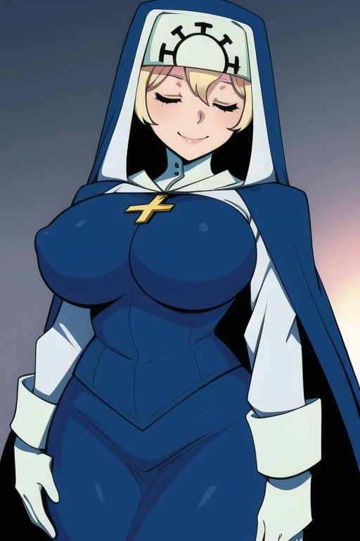 Double, short blonde hair, medium breasts, solo, 1girl, smiling, cowboy shot, closed eyes,
blue habit, cross necklace ,white gloves, long sleeves, nun, long skirt, room, bedroom, sexy pose, cape, cloak, sexy breasts, close up breast