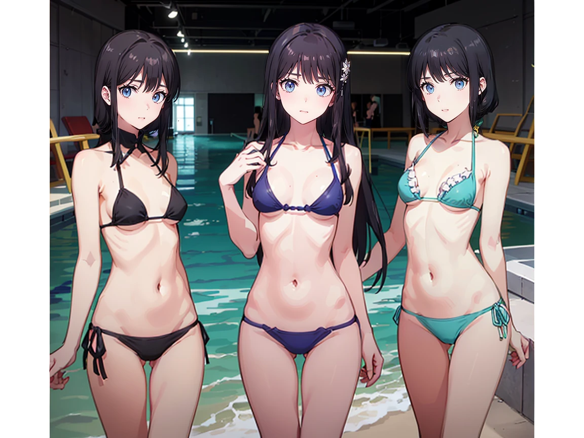 (((High resolution))), (((Very detailedな))), (((Three Girls:1.3))),((７Head to Body:1.3))、 (((Midday Blue Background)))、(((Happy expression))), (((smile:1.5)))、(((Beautiful and detailed eyes:1.3))), (((Very detailed))), (((Details face:1.5))), break , ,sunny, ,(((Open Vest、bikini、underboob:1.3)))、(((ホルタートライアングルTバッグbikini:1.5))),((Very delicate body))、((Very flat chest))、((Small waist))、((thigh gap:1.2))、Friendly atmosphere、