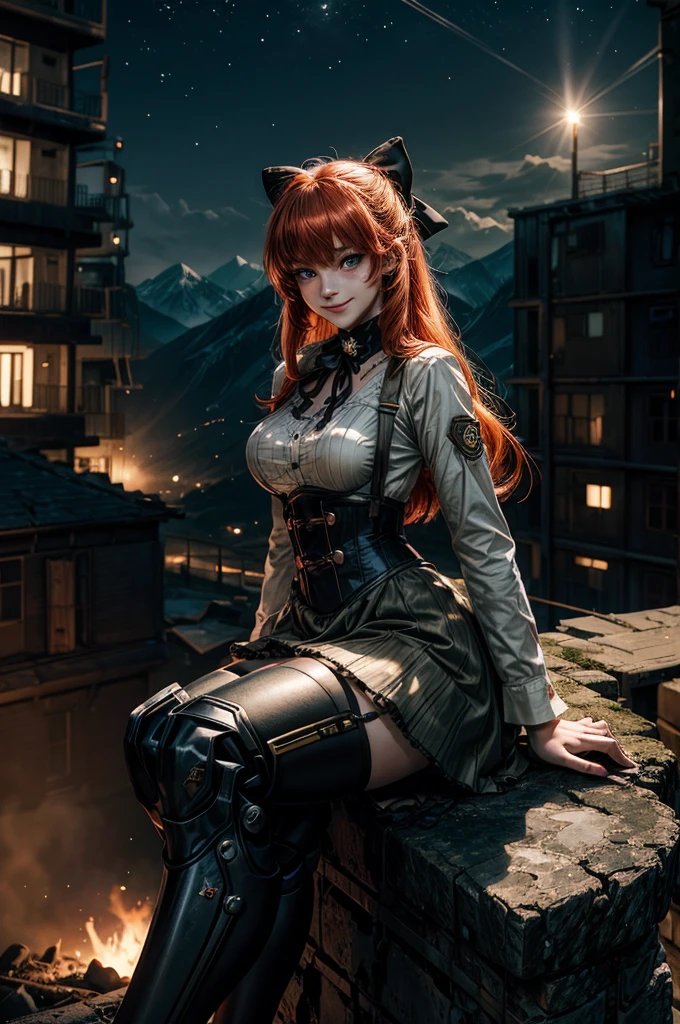 night, moon, stars, cowboy shot, (dynamic pose), smile, underbust, Penny Polendina, long red hair, neck ribbon, suspender skirt, corset, black bow, white blouse, mechanical legs, neon trim, hand on hip, (sitting in city ruins), in valley, BREAK mountains in background, waterfall, crowd, (crowd in military uniform), post-apocalypse, dystopian future, bonfires (volumetric lighting), intricate details, tonemapping, sharp focus, hyper detailed