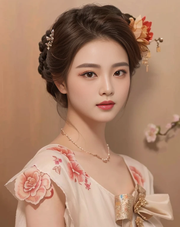 <lora:hanfu song_v1_03:0.7>, hanfu-song, hanfu, song theme, bandeau, tube top, best quality, masterpiece, illustration, realistic, photo-realistic, amazing, finely detail, incredibly absurdres, huge filesize, ultra-detailed, highres, extremely detailed CG unity 8k wallpaper, nsfw, nude, cherry blossoms, east asian architecture, seductive smile, sexually suggestive, portrait, close-up, light blush, eyeshadow, A beautiful young woman with Korean-style facial features resembling a popular actress.
