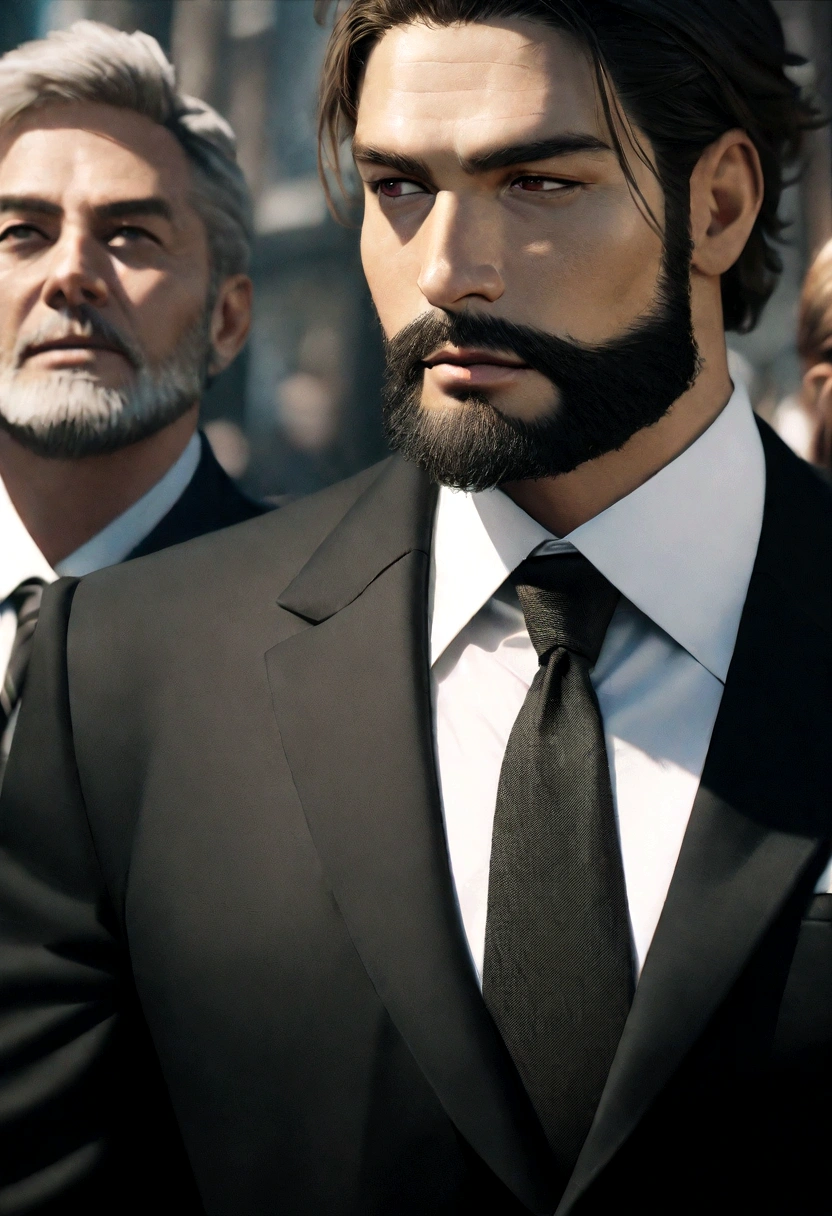 fenn、Make a handsome man in his 30s in a black suit and tie, CEO, brown hair and beard, (Man in black suit and tie), ), (wear a beard,) Attractive and serious appearance, short and dark hair, elegant and elegant, Barbear suit-fit e corpo forte, (high qualiy, realistic footage), Dark and light black in the background of the image, movie style, ((top-quality, 8K, ​masterpiece), ultra high definition photo, (detailed beautiful faces, detail skin texture, Hyper-detailed body:1.1)