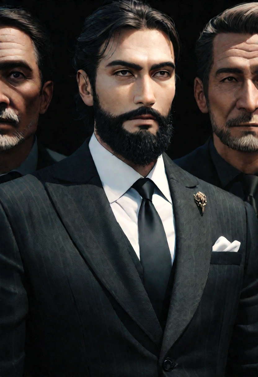 fenn、Make a handsome man in his 30s in a black suit and tie, CEO, brown hair and beard, (Man in black suit and tie), ), (wear a beard,) Attractive and serious appearance, short and dark hair, elegant and elegant, Barbear suit-fit e corpo forte, (high qualiy, realistic footage), Dark and light black in the background of the image, movie style, ((top-quality, 8K, masterpiece), ultra high definition photo, (detailed beautiful faces, detail skin texture, Hyper-detailed body:1.1)