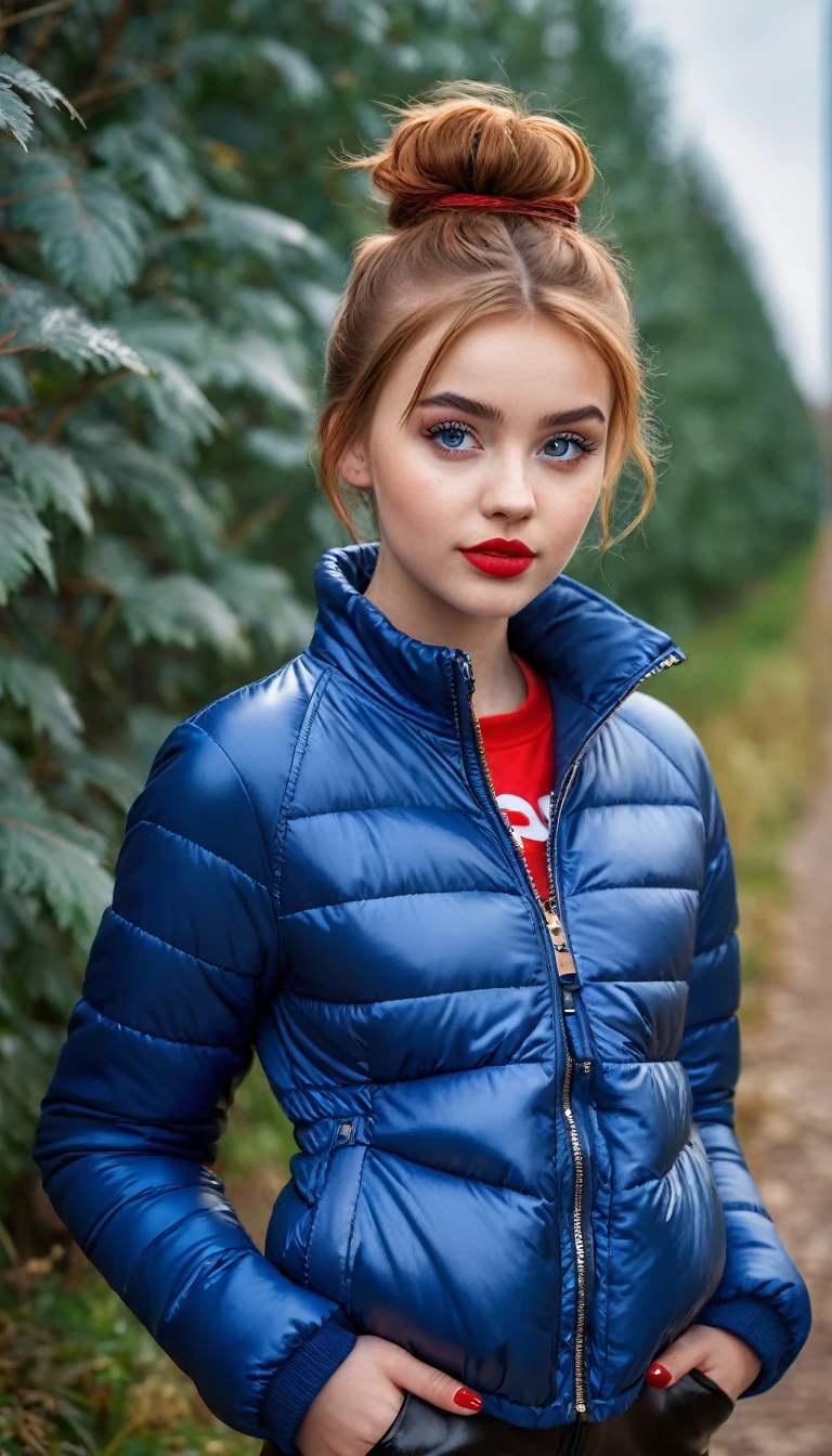 ultrarealistic high quality fullbody photo of a beautiful slim european  girl with cute hyperdetailed shy face and natural redhead short messy bun and mischievous face, realistic round hazel eyes, red lips, dark eye makeup with eyeliner, wearing shiny blue puffer jacket and faux leather leggins, hourglass body, outdoor shooting