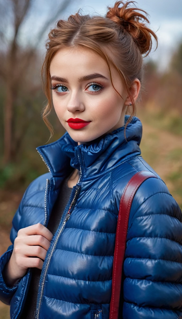 ultrarealistic high quality fullbody photo of a beautiful slim european  girl with cute hyperdetailed shy face and natural redhead short messy bun and mischievous face, realistic round hazel eyes, red lips, dark eye makeup with eyeliner, wearing shiny blue puffer jacket and faux leather leggins, hourglass body, outdoor shooting