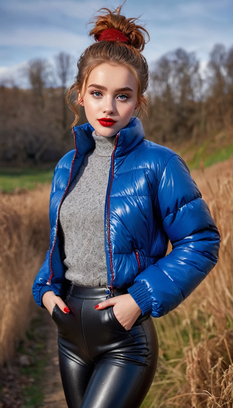 ultrarealistic high quality fullbody photo of a beautiful slim european girl with cute hyperdetailed shy face and natural redhead short messy bun and mischievous face, realistic round hazel eyes, red lips, dark eye makeup with eyeliner, wearing shiny blue puffer jacket and faux leather leggins, hourglass body, outdoor shooting