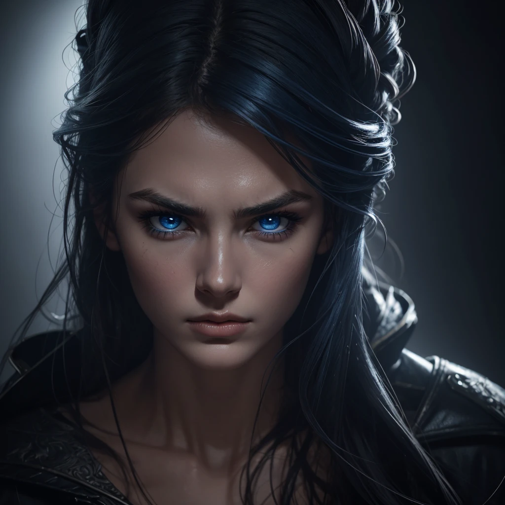 1 woman, striking facial features, deep expressive blue eyes, prominent cheekbones, strong eyebrows, dramatic lighting, chiaroscuro lighting, blurred background, ultra-realistic, 8k, realistic and artistic style, soft skin, intense and captivating mood